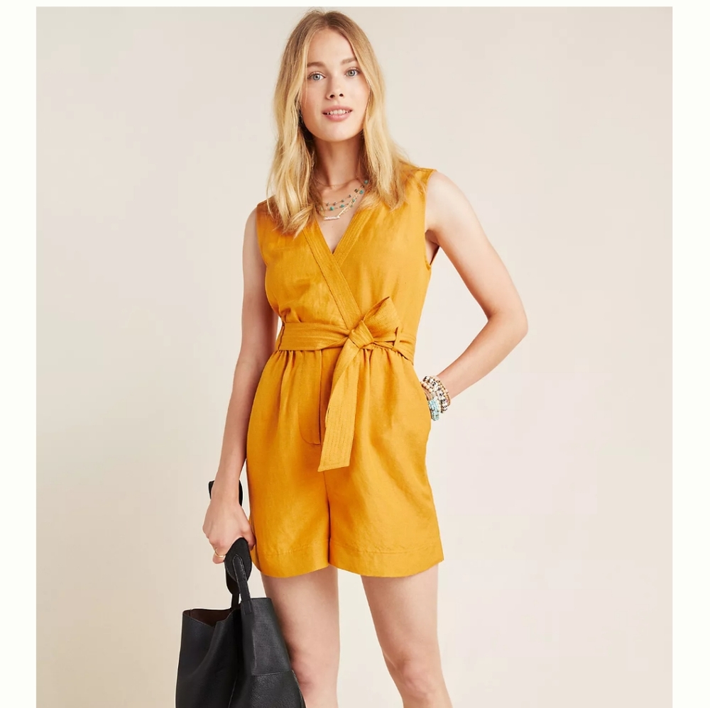Anthropologie Maeve Mustard Romper Size 2